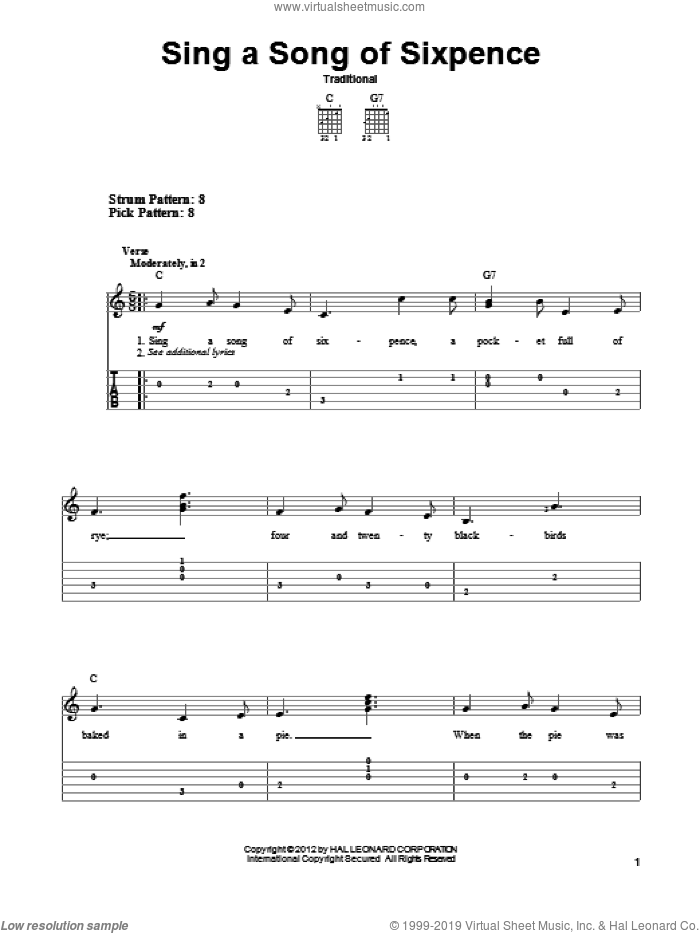 Sing A Song Of Sixpence sheet music for guitar solo (easy tablature), easy guitar (easy tablature)