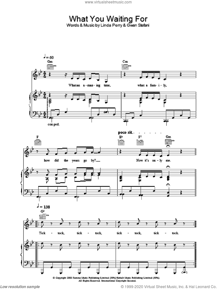 What You Waiting For? sheet music for voice, piano or guitar by Gwen Stefani and Linda Perry, intermediate skill level