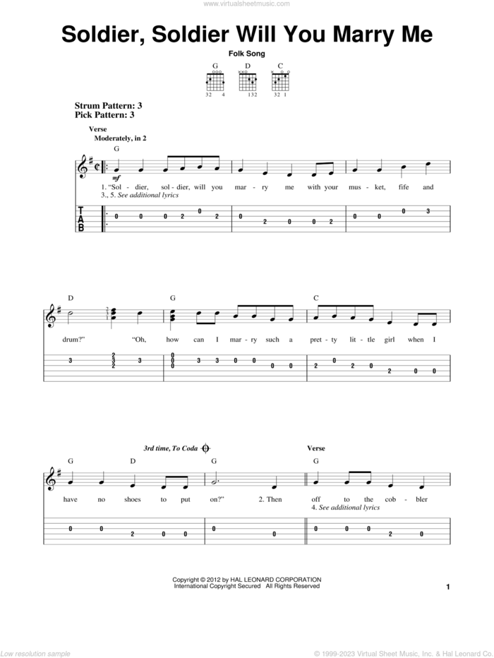 Soldier, Soldier Will You Marry Me sheet music for guitar solo (easy tablature), easy guitar (easy tablature)
