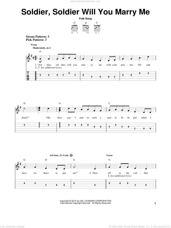 Soldier, Soldier Will You Marry Me sheet music for guitar solo (easy tablature), easy guitar (easy tablature)