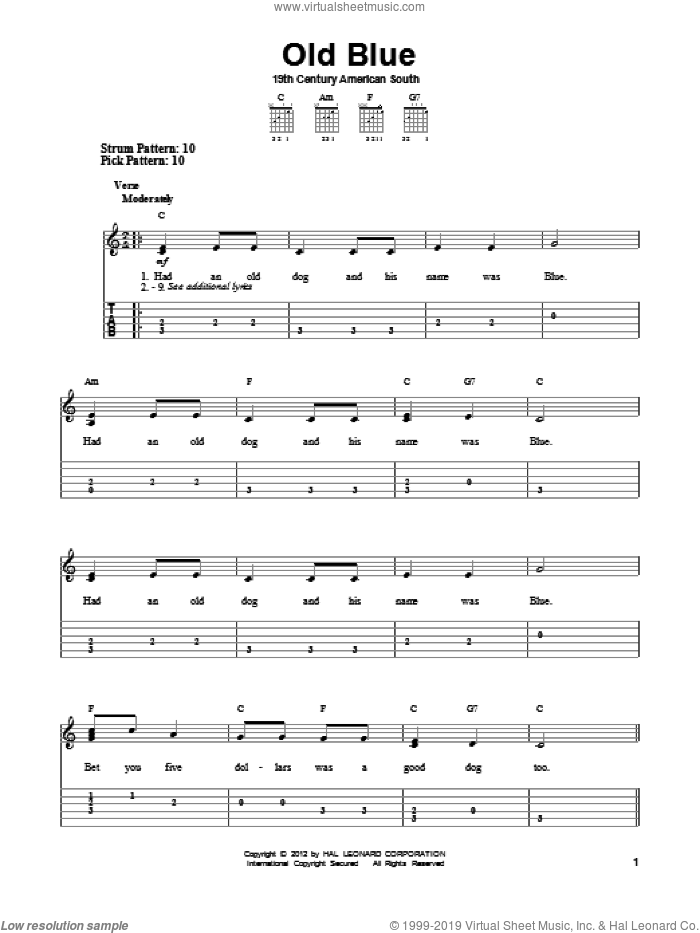 Old Blue sheet music for guitar solo (easy tablature), easy guitar (easy tablature)