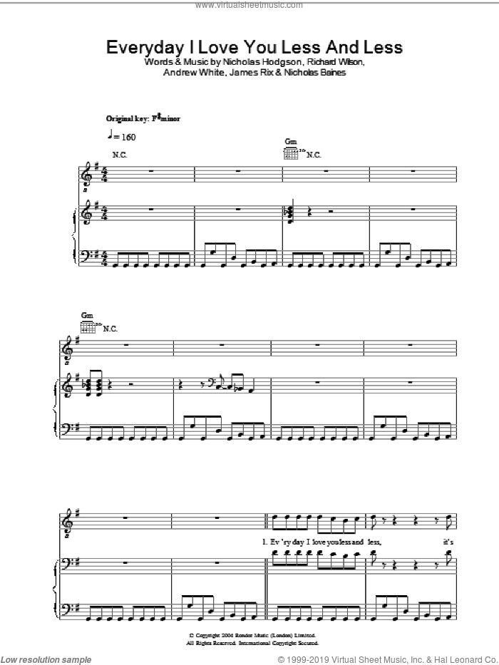 Everyday I Love You Less And Less sheet music for voice, piano or guitar by Kaiser Chiefs, Andrew White, James Rix, Nicholas Baines, Nicholas Hodgson and Richard Wilson, intermediate skill level