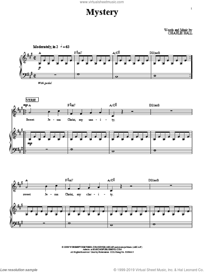 Mystery sheet music for voice, piano or guitar by Passion and Charlie Hall, intermediate skill level
