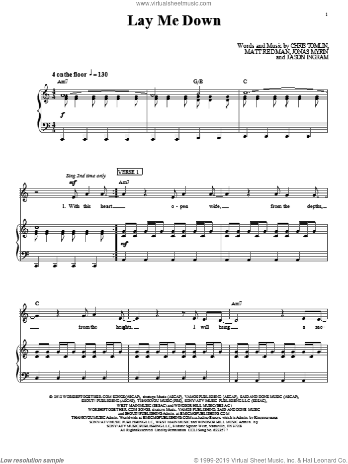 Lay Me Down sheet music for voice, piano or guitar by Passion, Chris Tomlin, Jason Ingram, Jonas Myrin and Matt Redman, intermediate skill level