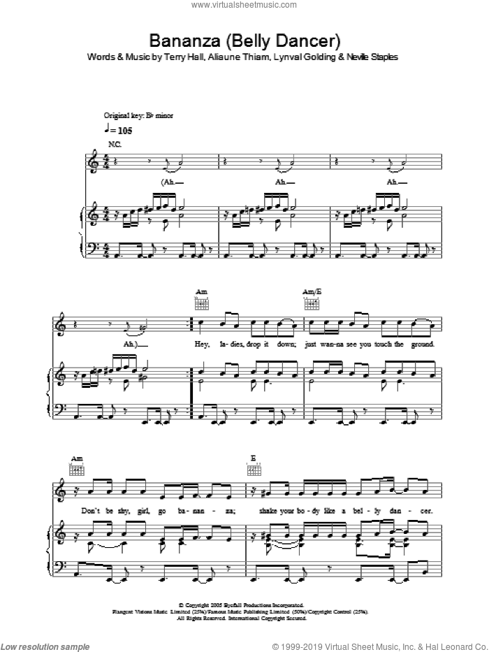 Bananza (Belly Dancer) sheet music for voice, piano or guitar by Akon, Aliaune Thiam, Lynval Golding, Neville Staples and Terry Hall, intermediate skill level