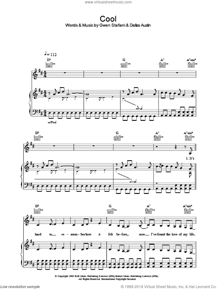 Cool sheet music for voice, piano or guitar by Gwen Stefani and Dallas Austin, intermediate skill level