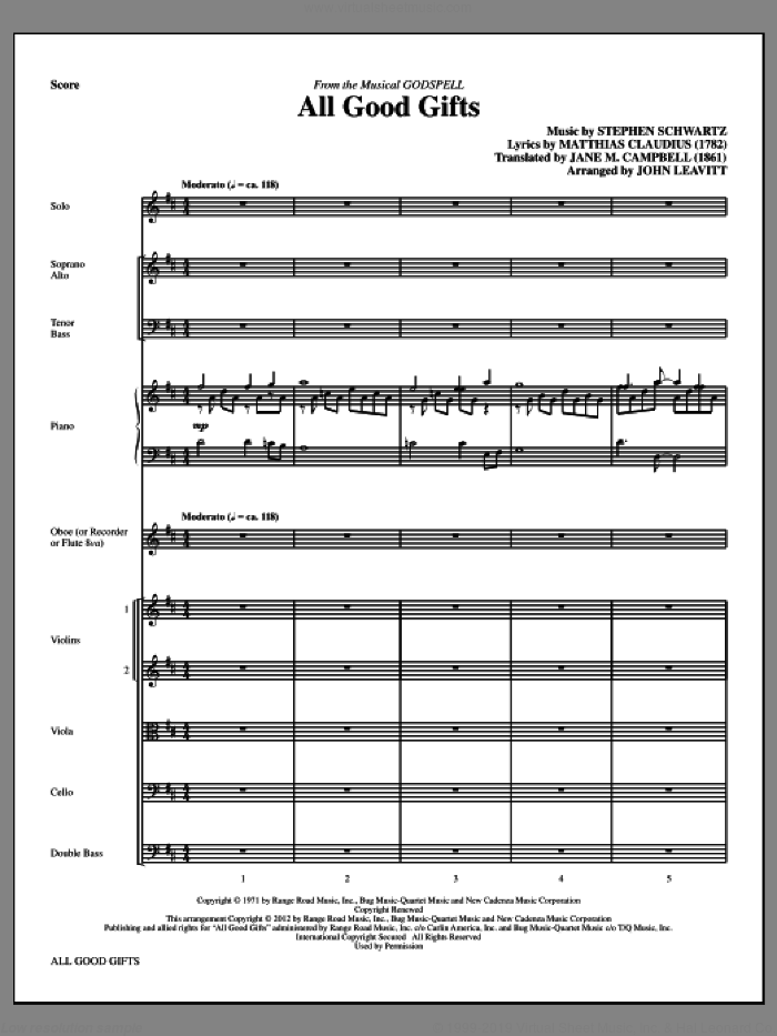 All Good Gifts (complete set of parts) sheet music for orchestra/band (Strings) by Stephen Schwartz, Godspell (Musical) and John Leavitt, intermediate skill level