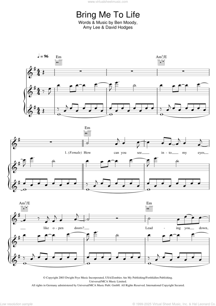 Bring Me To Life sheet music for voice, piano or guitar by Evanescence, Amy Lee, Ben Moody and David Hodges, intermediate skill level