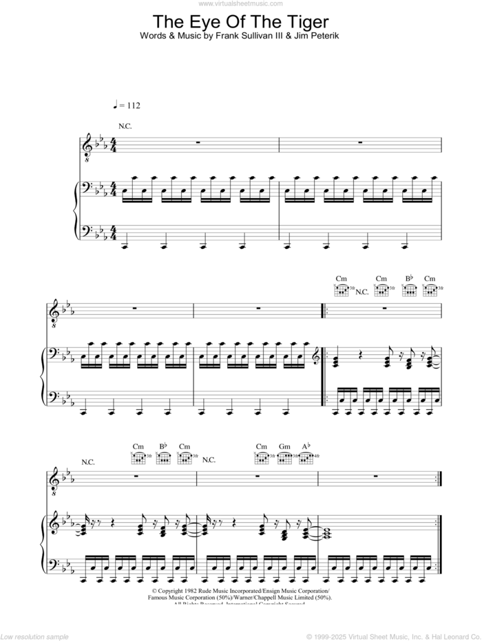 Eye Of The Tiger sheet music for voice, piano or guitar by Survivor, Frank Sullivan and Jim Peterik, intermediate skill level