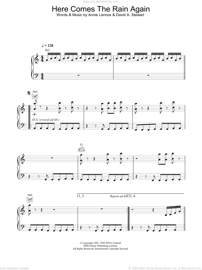 Here Comes The Rain Again sheet music for voice, piano or guitar by Eurythmics, Annie Lennox and Dave Stewart, intermediate skill level
