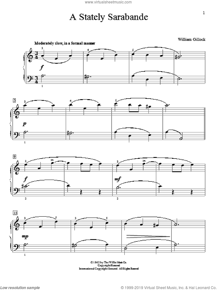 A Stately Sarabande sheet music for piano solo (elementary) by William Gillock, classical score, beginner piano (elementary)