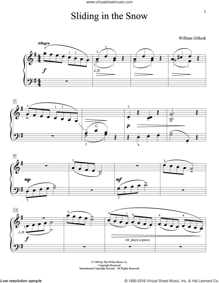 Sliding In The Snow sheet music for piano solo (elementary) by William Gillock, classical score, beginner piano (elementary)