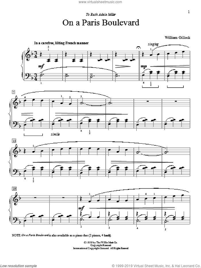 On A Paris Boulevard sheet music for piano solo (elementary) by William Gillock, classical score, beginner piano (elementary)