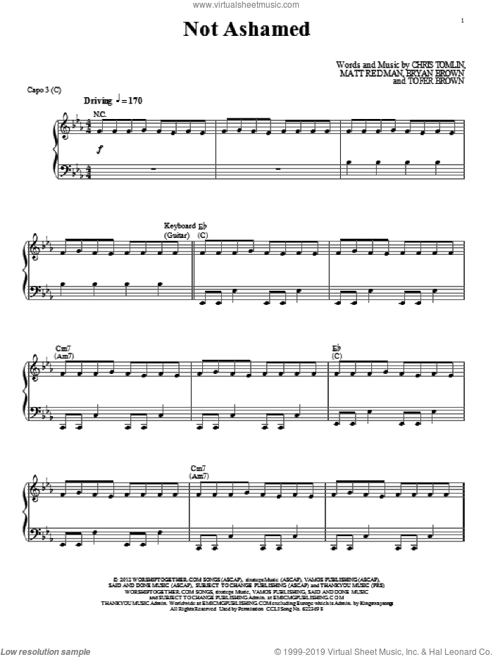 Not Ashamed sheet music for voice, piano or guitar by Passion, Bryan Brown, Chris Tomlin, Matt Redman and Tofer Brown, intermediate skill level