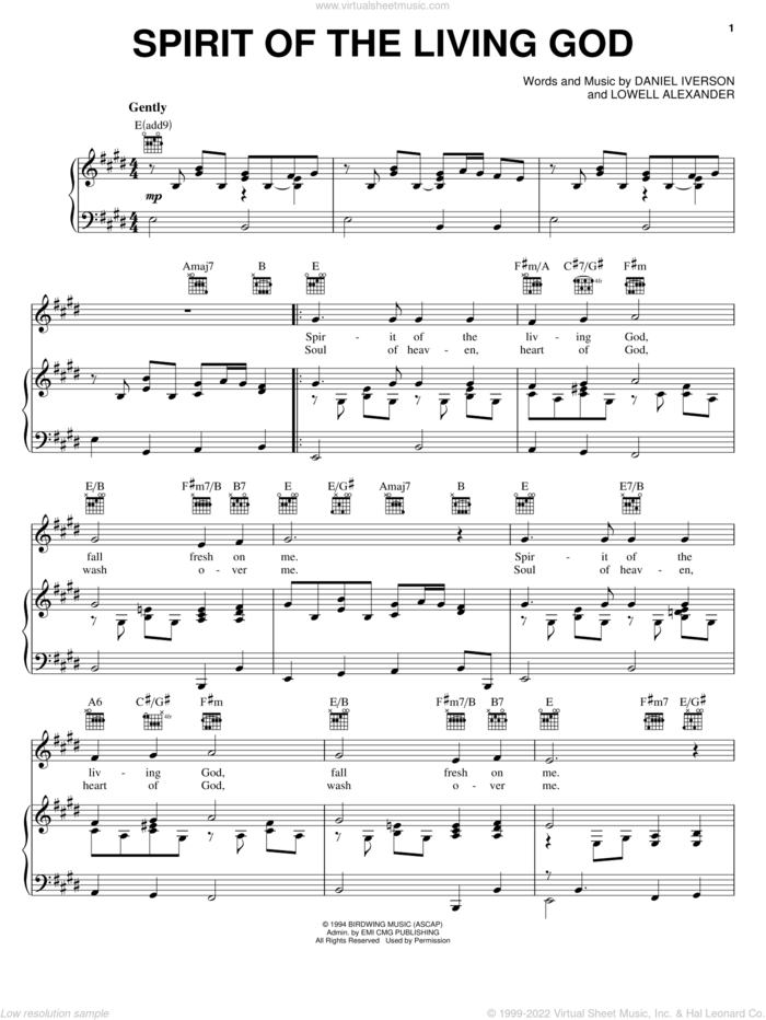 Spirit Of The Living God sheet music for voice, piano or guitar by Daniel Iverson and Lowell Alexander, intermediate skill level