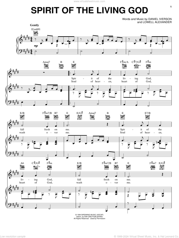 Spirit Of The Living God sheet music for voice, piano or guitar by Daniel Iverson and Lowell Alexander, intermediate skill level