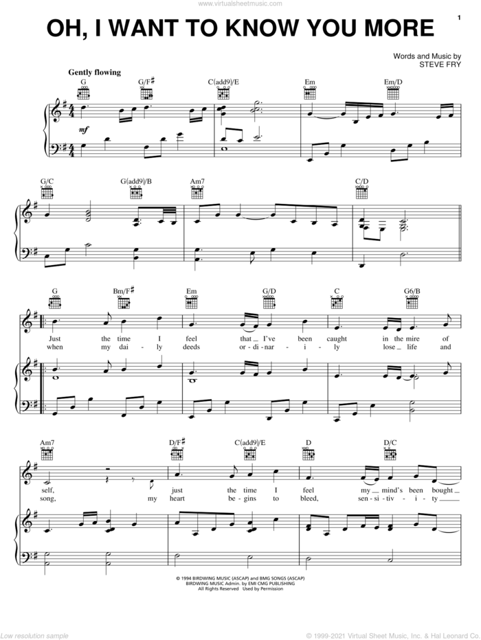 Oh, I Want To Know You More sheet music for voice, piano or guitar by Steve Green and Steve Fry, intermediate skill level