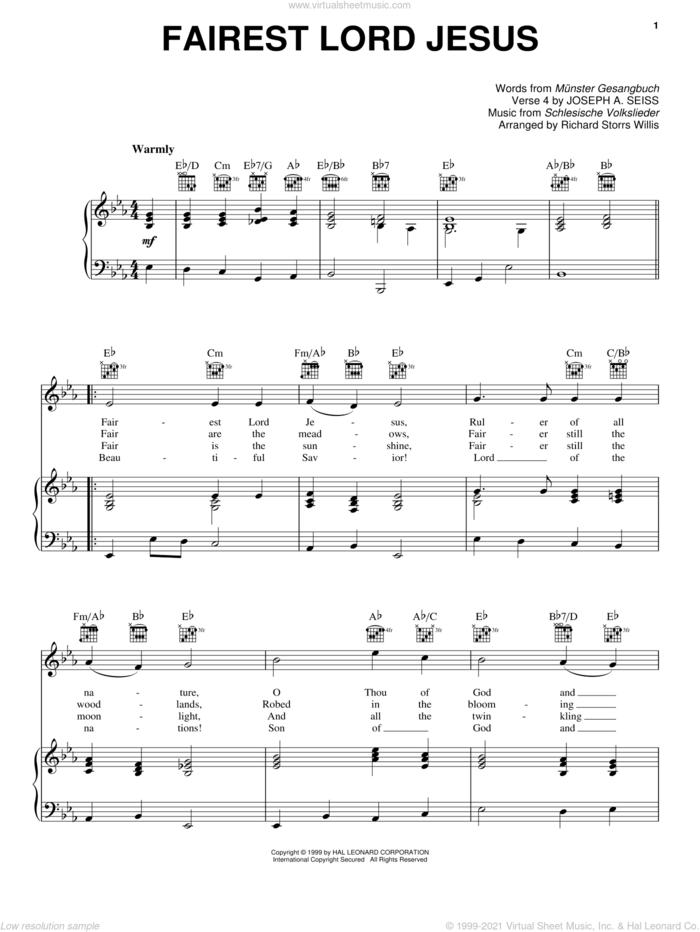 Fairest Lord Jesus sheet music for voice, piano or guitar by Munster Gesangbuch, Joseph August Seiss, Richard Storrs Willis and Schlesische Volkslieder, intermediate skill level