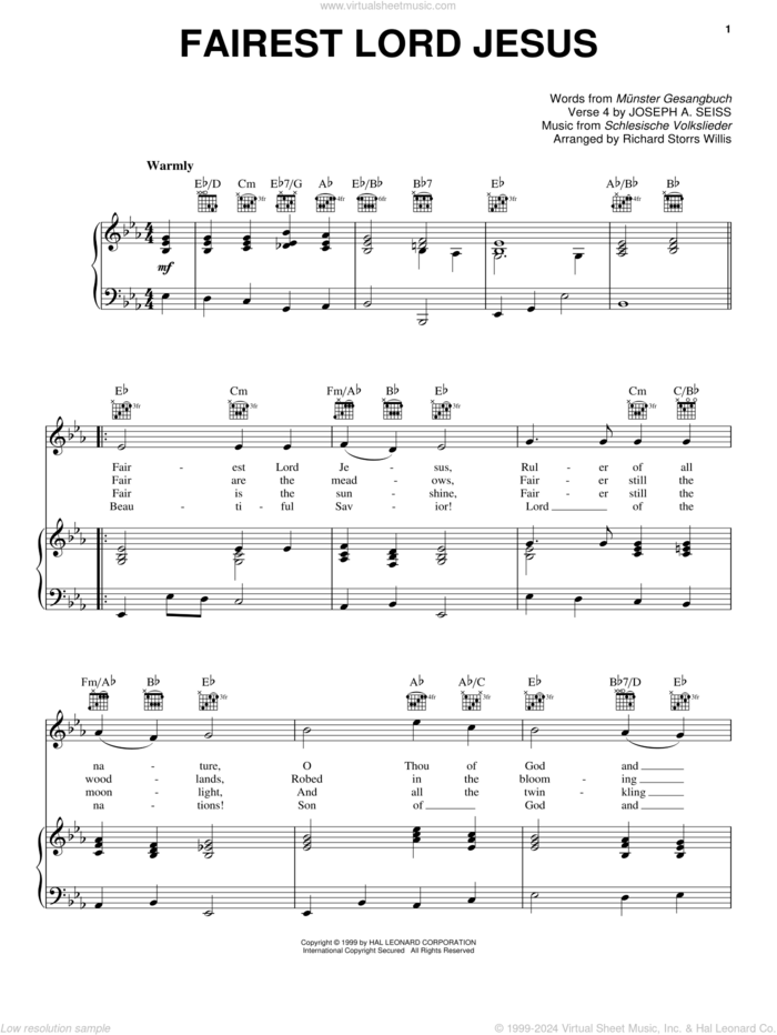 Fairest Lord Jesus sheet music for voice, piano or guitar by Munster Gesangbuch, Joseph August Seiss, Richard Storrs Willis and Schlesische Volkslieder, intermediate skill level