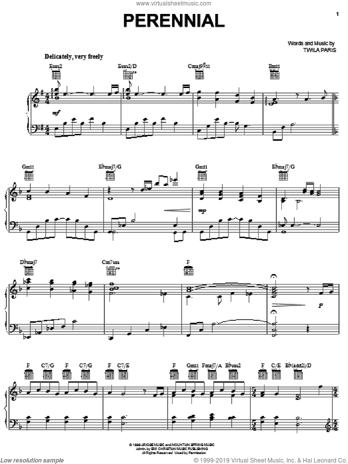 Perennial sheet music for voice, piano or guitar by Twila Paris, intermediate skill level