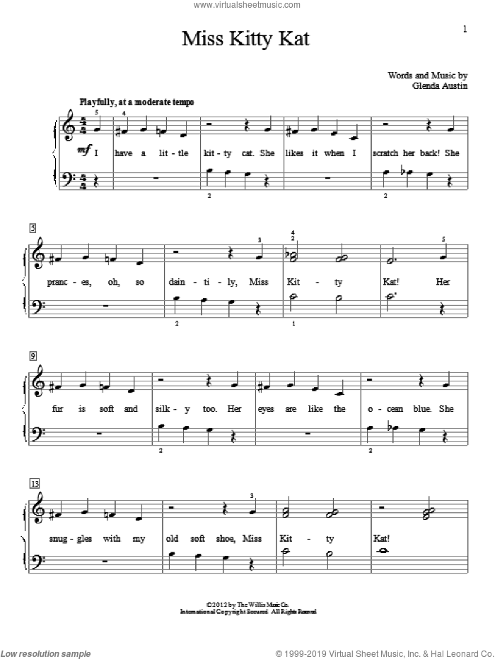 Miss Kitty Kat sheet music for piano solo (elementary) by Glenda Austin, beginner piano (elementary)