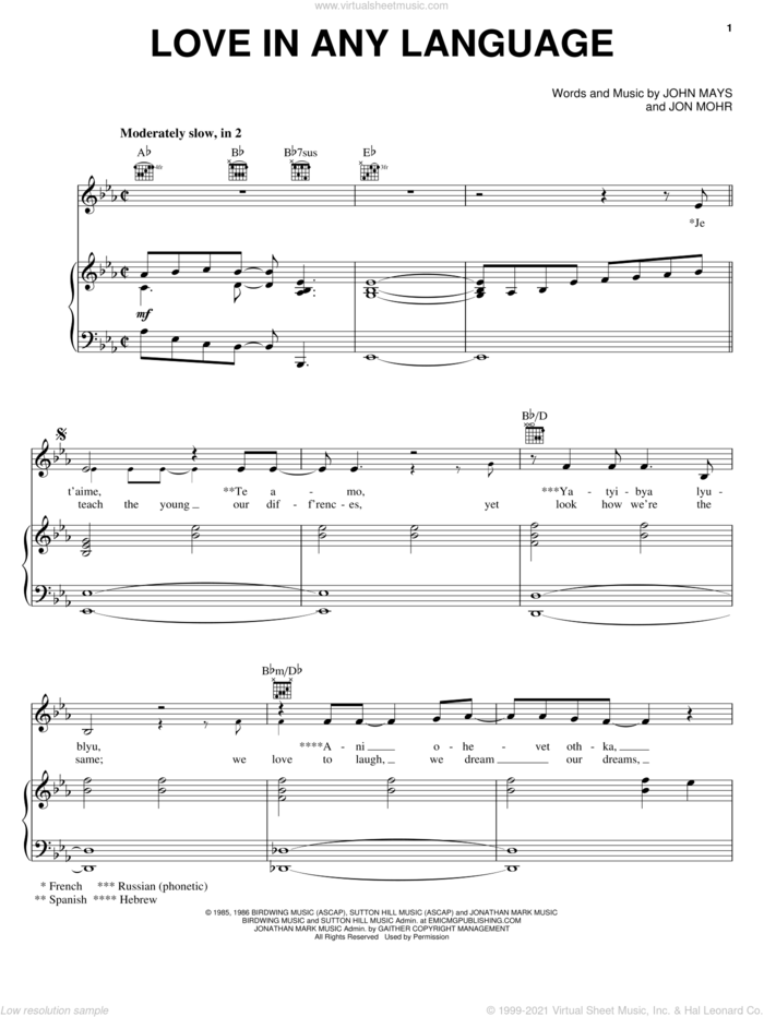 Love In Any Language sheet music for voice, piano or guitar by Sandi Patty, John Mays and Jon Mohr, intermediate skill level