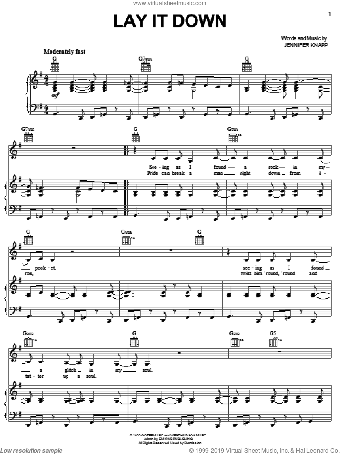 Lay It Down sheet music for voice, piano or guitar by Jennifer Knapp, intermediate skill level