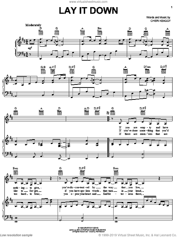 Lay It Down sheet music for voice, piano or guitar by Cheri Keaggy, intermediate skill level