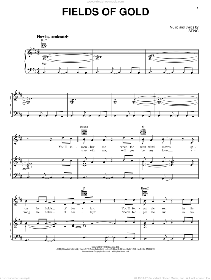 Fields Of Gold sheet music for voice, piano or guitar by Sting, intermediate skill level