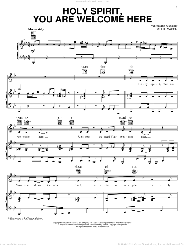 Holy Spirit, You Are Welcome Here sheet music for voice, piano or guitar by Babbie Mason, intermediate skill level