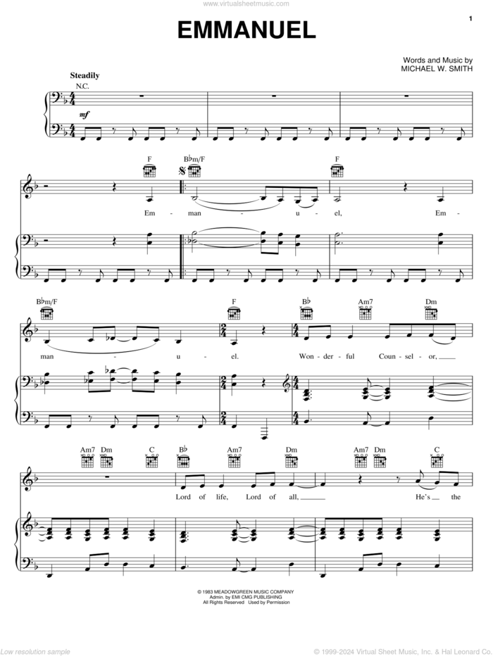 Emmanuel sheet music for voice, piano or guitar by Michael W. Smith, intermediate skill level