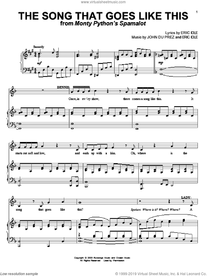 The Song That Goes Like This (from Monty Python's Spamalot) sheet music for voice and piano by Eric Idle and John Du Prez, intermediate skill level