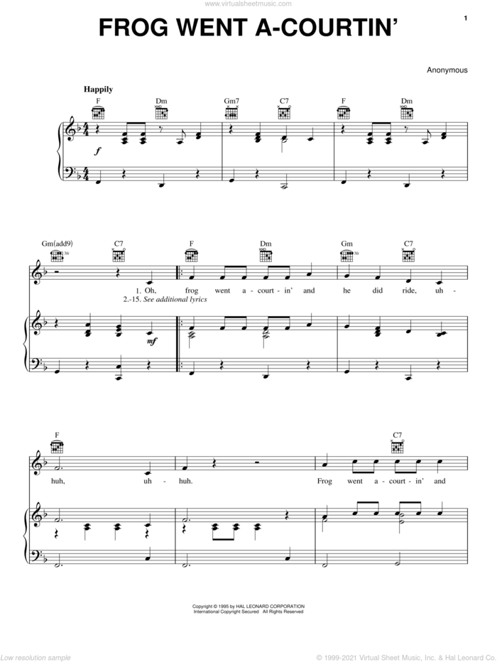 Frog Went A-Courtin' sheet music for voice, piano or guitar, intermediate skill level