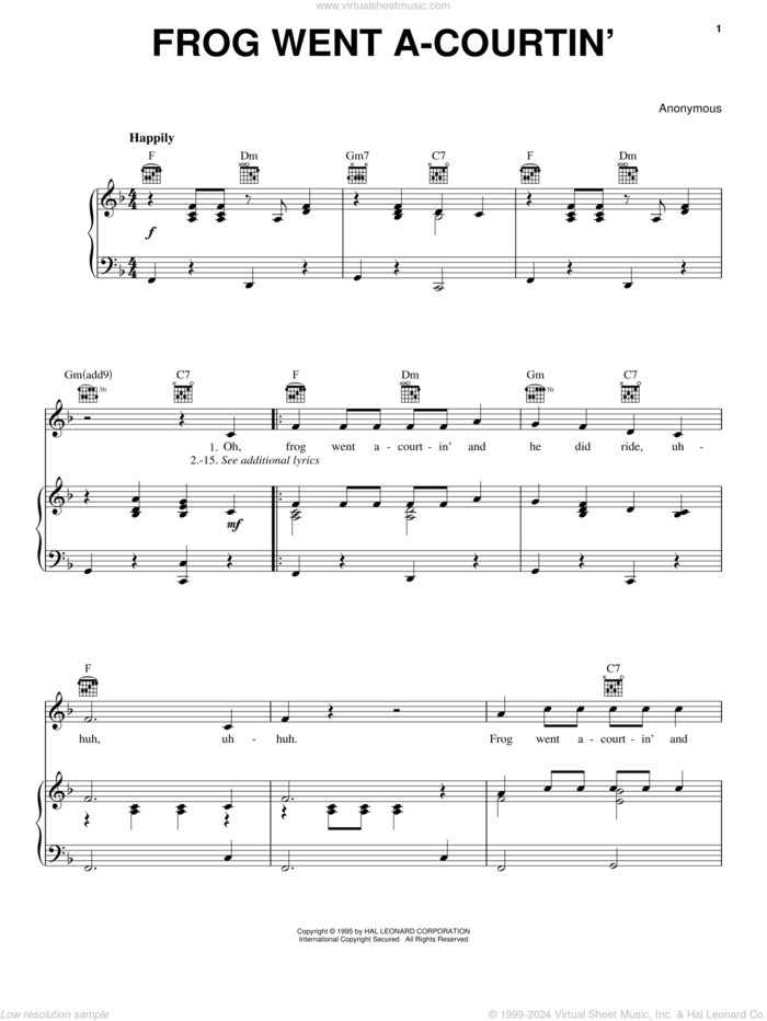 Frog Went A-Courtin' sheet music for voice, piano or guitar, intermediate skill level