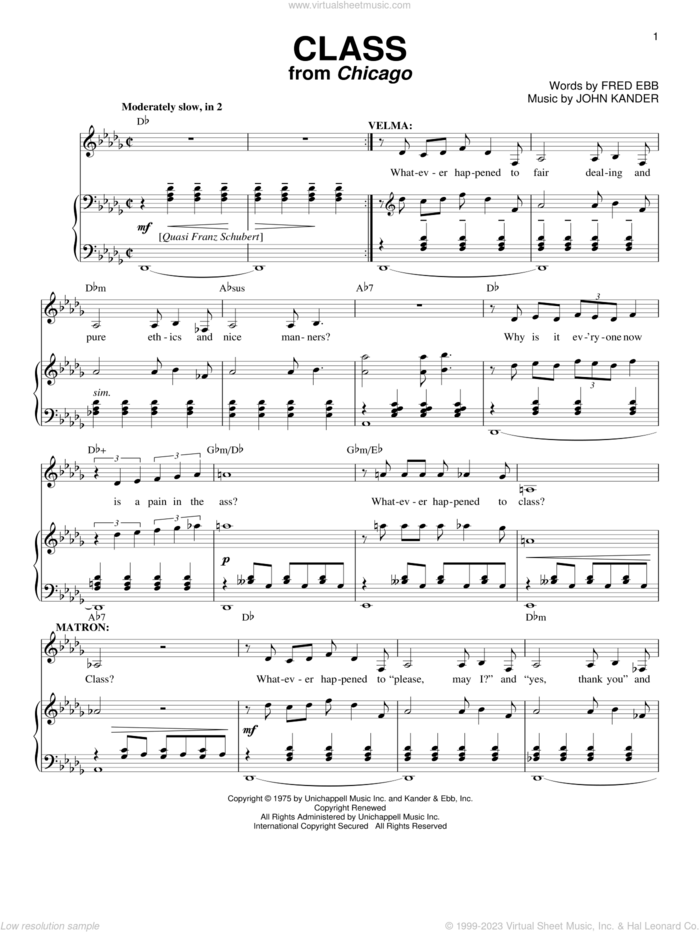 Class sheet music for voice and piano by Kander & Ebb, Catherine Zeta-Jones, Chicago (Musical), Fred Ebb and John Kander, intermediate skill level