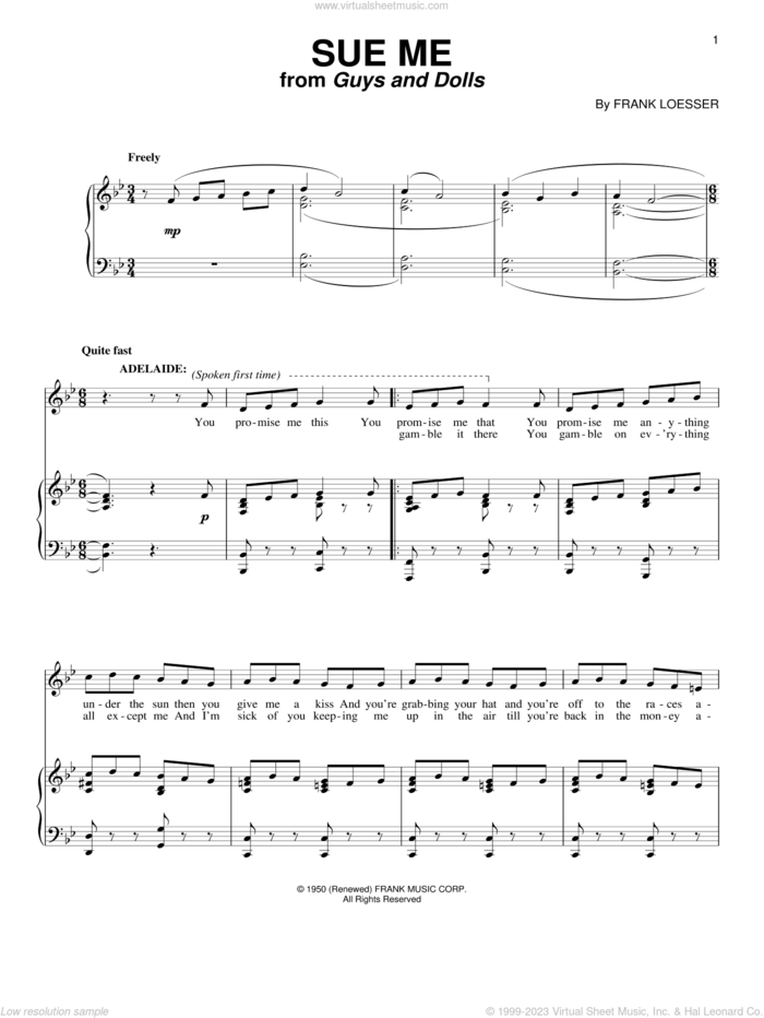 Sue Me sheet music for voice and piano by Frank Loesser and Guys And Dolls (Musical), intermediate skill level