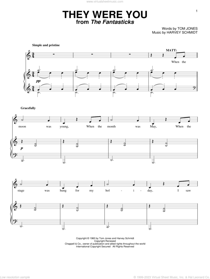 They Were You sheet music for voice and piano by Harvey Schmidt, The Fantasticks (Musical) and Tom Jones, intermediate skill level