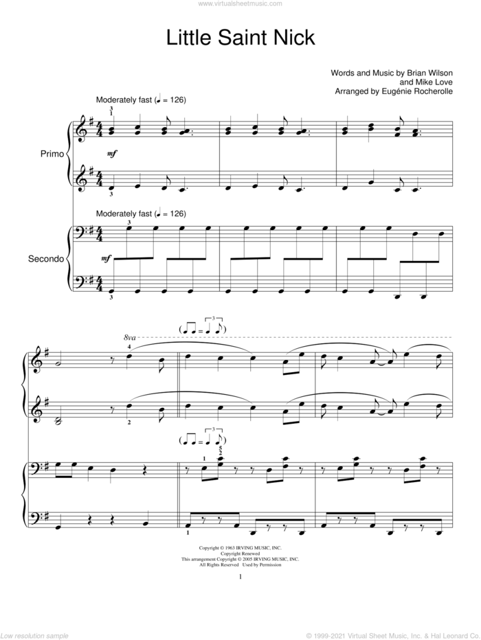 Little Saint Nick sheet music for piano four hands by The Beach Boys, Miscellaneous, Brian Wilson and Mike Love, intermediate skill level