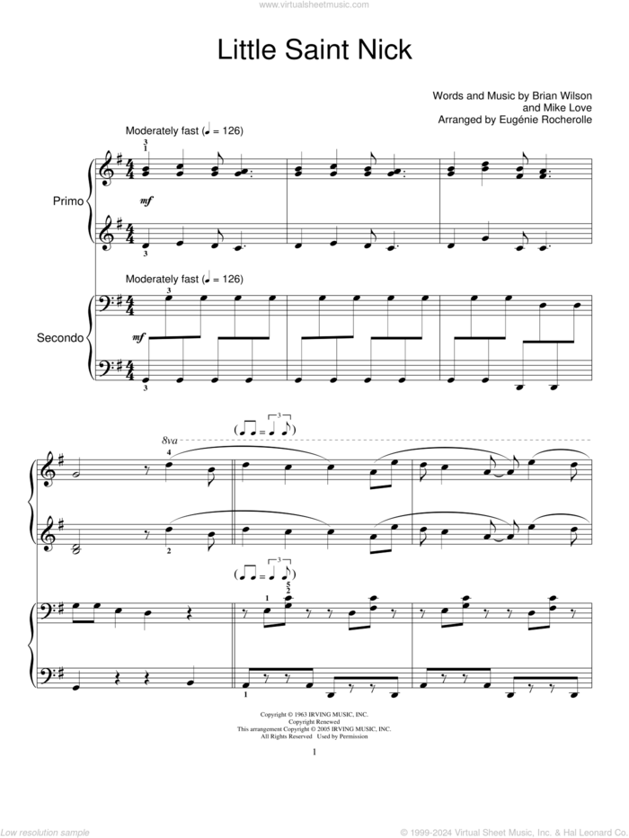 Little Saint Nick sheet music for piano four hands by The Beach Boys, Miscellaneous, Brian Wilson and Mike Love, intermediate skill level