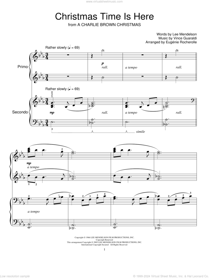 Christmas Time Is Here sheet music for piano four hands by Vince Guaraldi, Miscellaneous and Lee Mendelson, intermediate skill level