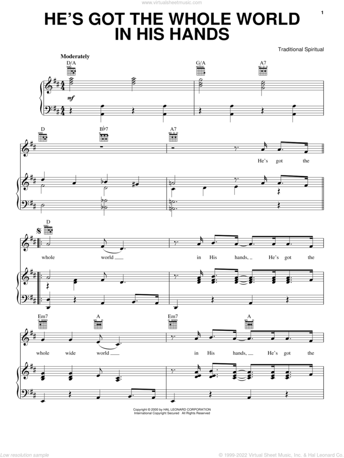 He's Got The Whole World In His Hands sheet music for voice, piano or guitar, intermediate skill level
