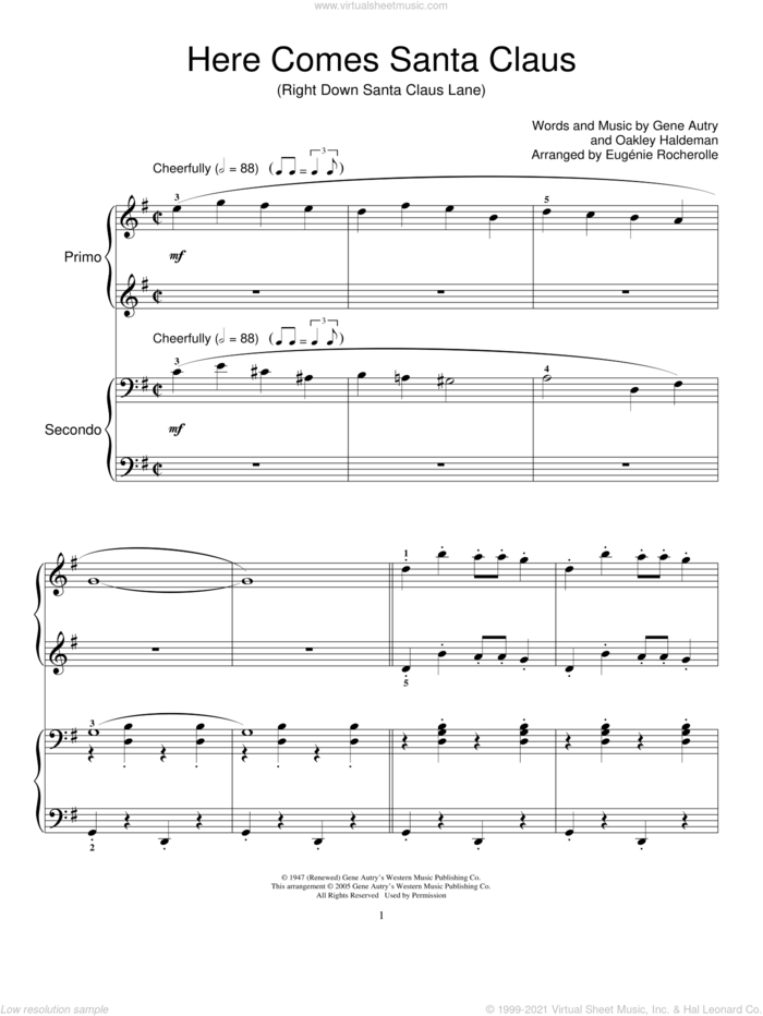 Here Comes Santa Claus (Right Down Santa Claus Lane) sheet music for piano four hands by Gene Autry, Miscellaneous and Oakley Haldeman, intermediate skill level
