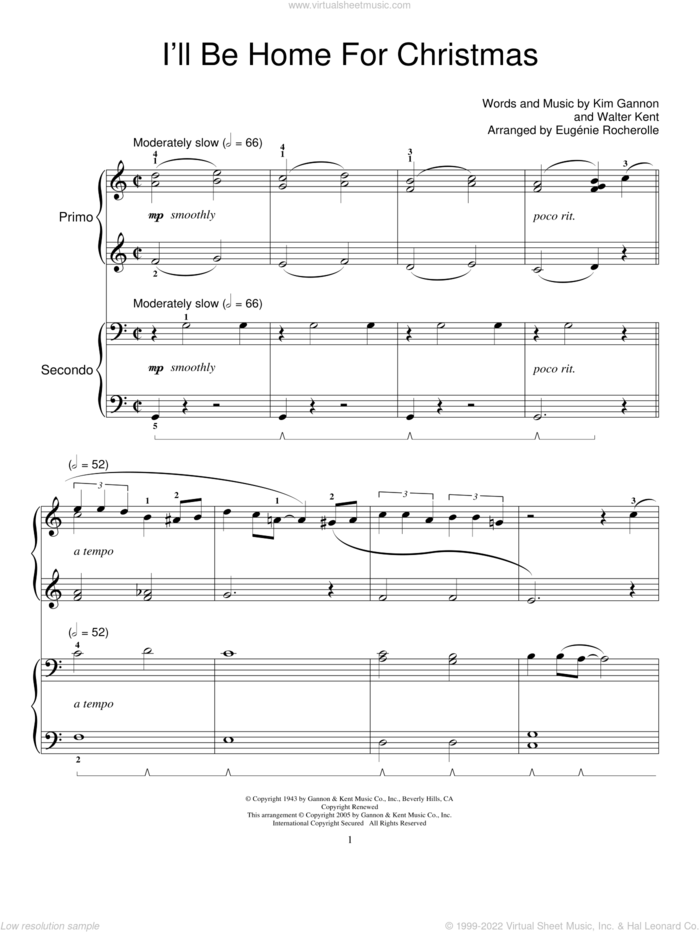 I'll Be Home For Christmas sheet music for piano four hands by Bing Crosby, Miscellaneous, Kim Gannon and Walter Kent, intermediate skill level