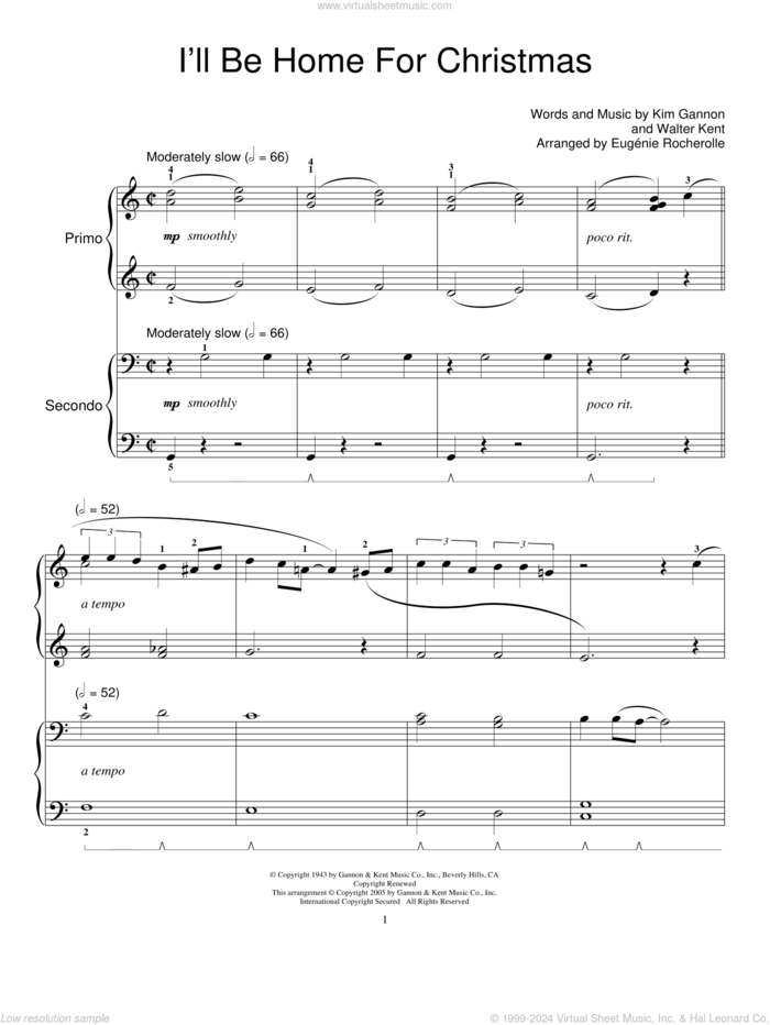 I'll Be Home For Christmas sheet music for piano four hands by Bing Crosby, Miscellaneous, Kim Gannon and Walter Kent, intermediate skill level