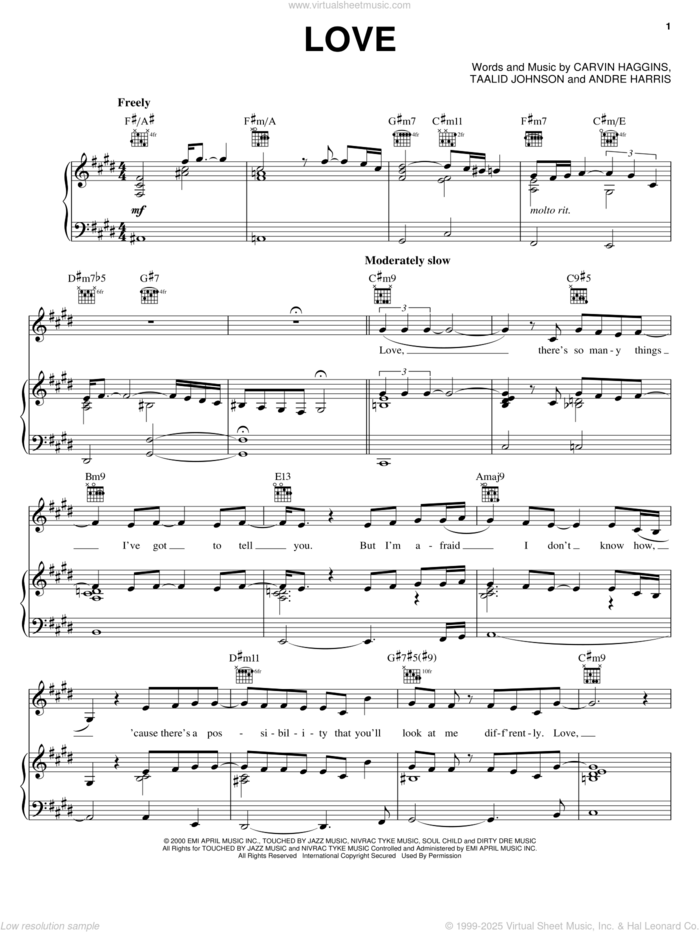 Love sheet music for voice, piano or guitar by Musiq Soulchild, Andre Harris, Carvin Haggins and Taalib Johnson, intermediate skill level