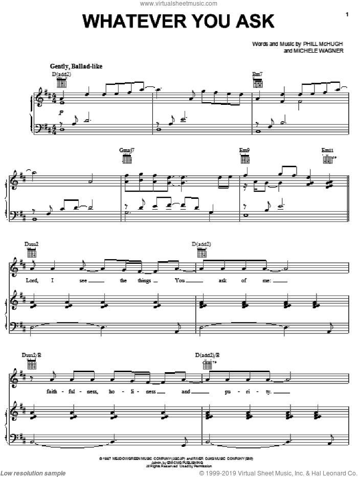 Whatever You Ask sheet music for voice, piano or guitar by Phill McHugh and Michele Wagner, intermediate skill level