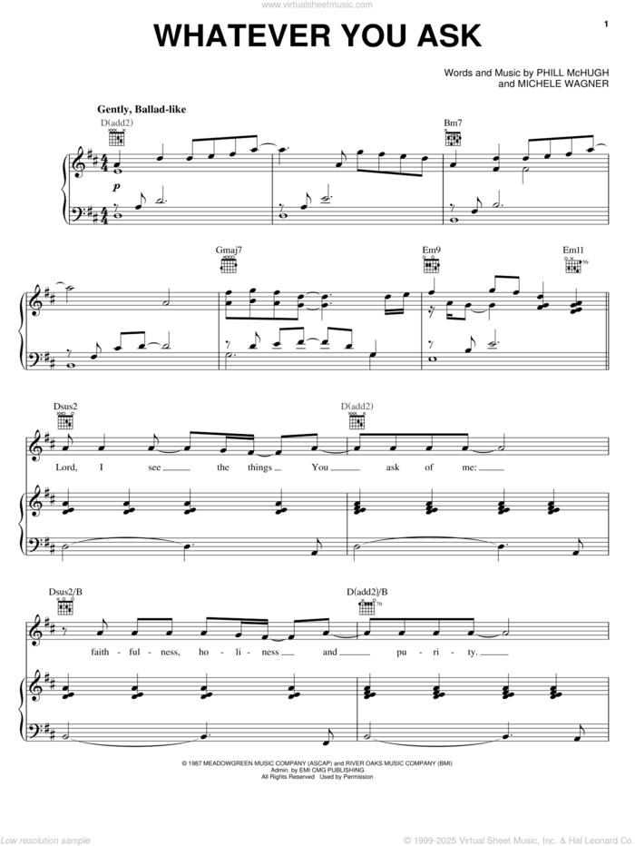 Whatever You Ask sheet music for voice, piano or guitar by Phill McHugh and Michele Wagner, intermediate skill level