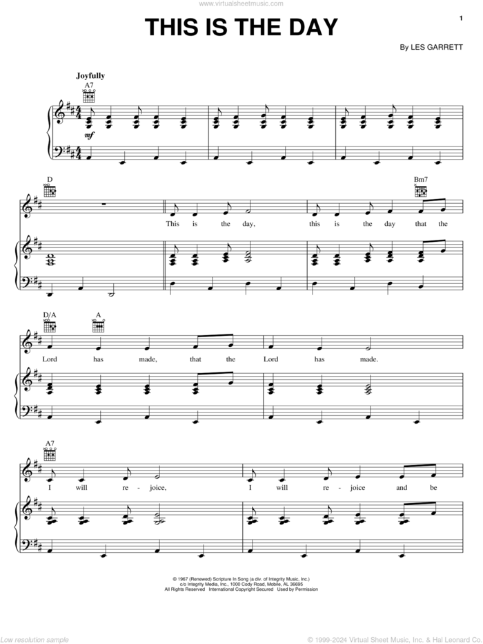 This Is The Day sheet music for voice, piano or guitar by Les Garrett, intermediate skill level