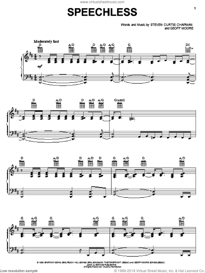 Speechless sheet music for voice, piano or guitar by Steven Curtis Chapman and Geoff Moore, intermediate skill level