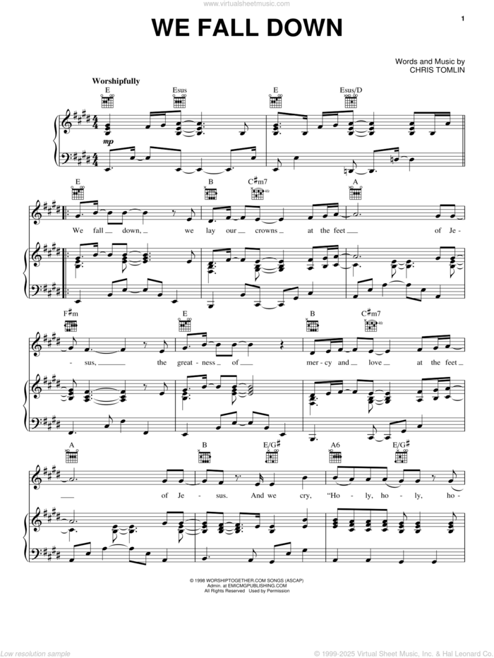 We Fall Down sheet music for voice, piano or guitar by Chris Tomlin and Kutless, intermediate skill level